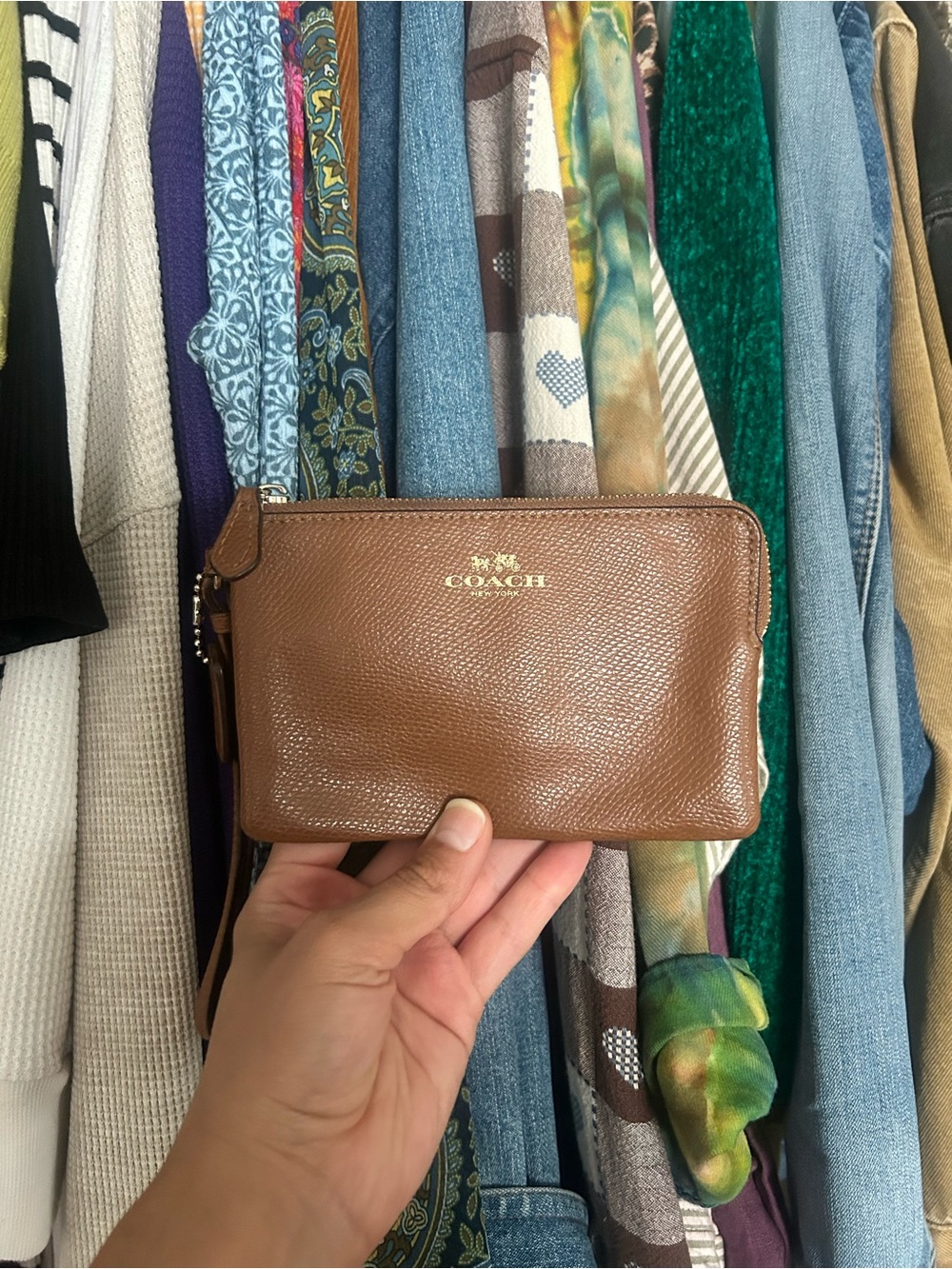Coach Brown Leather Wristlet with Gold Logo